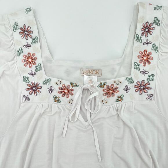 La Rok Women's White Boho Blouse, Sz. L, Embroidered Beaded Square Neck Viscose - Picture 2 of 6